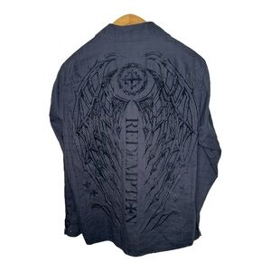 Raw State Redemption Y2K Shirt Black Button Up Flocked Velvet Angel Wings XL